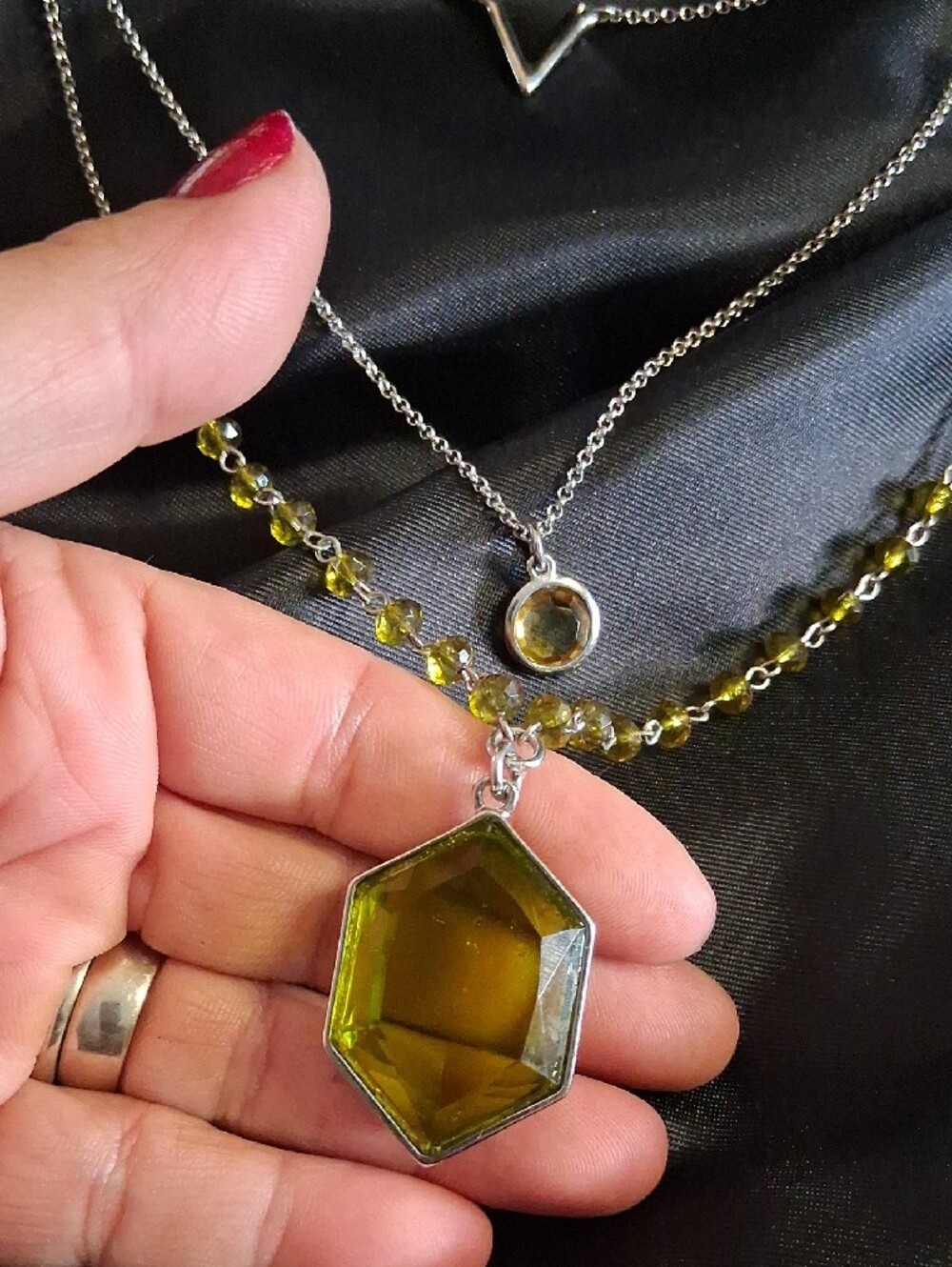 Charming Charlie Silver Layered Necklace & Earring Set with Olive Green Stones - Picture 5 of 8